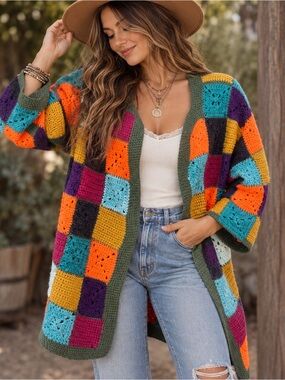 Handmade Granny Square Crochet Cardigan Sweater Medium Colorful Patchwork Boho
